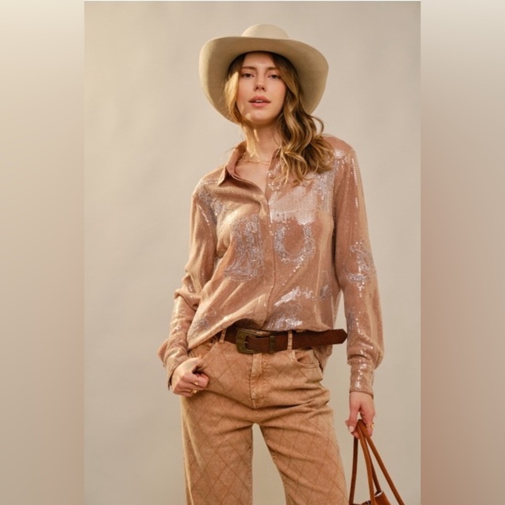 Western Embroidered Sequin Button Down Shirt - Blue B